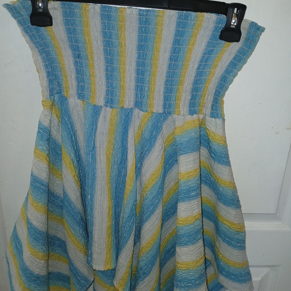 What's Hot Smocked Skirt/Tube Top W/handkerchief Hem- Blue and Yellow Stripes L